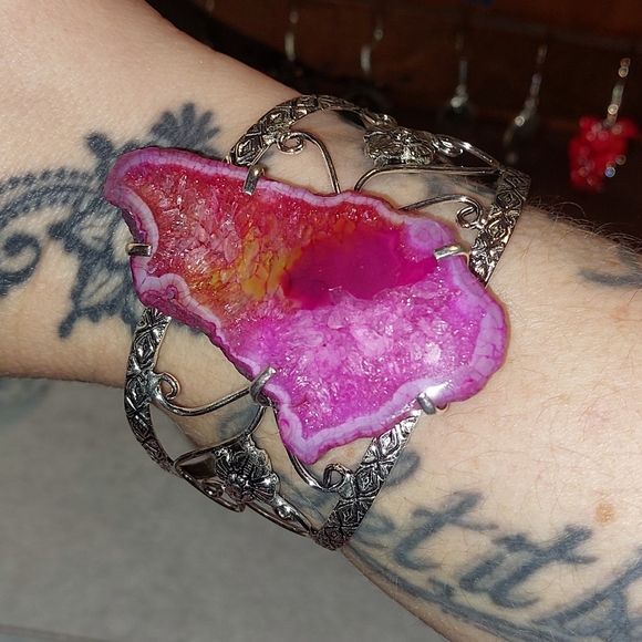 Jewelry - Enormous Pink Agate Adjustable Bangle Bracelet